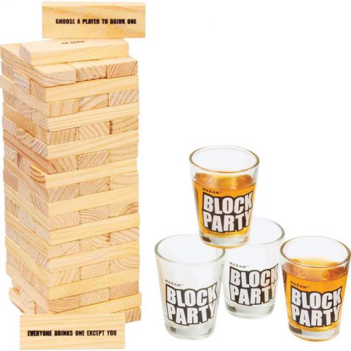 block stacking drinking game with shot glasses